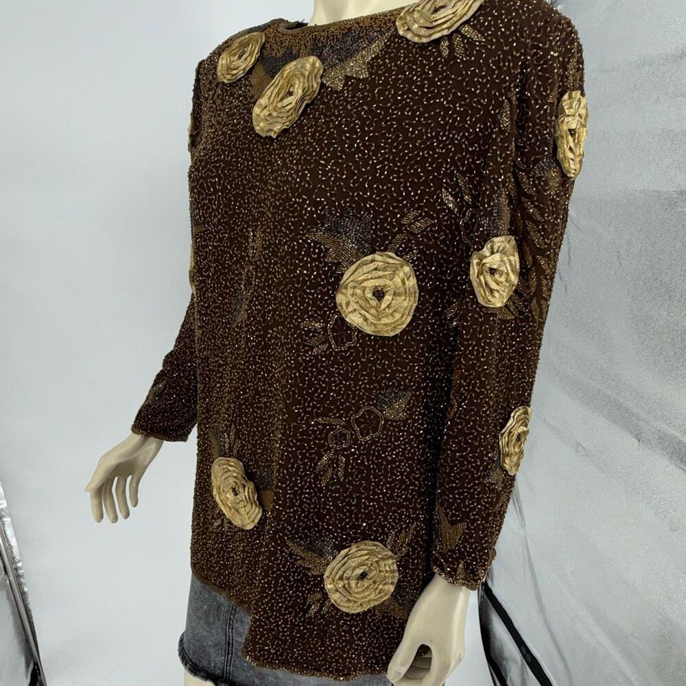 Vintage Joan Leslie Studio Silk Beaded Floral Top Saks Fifth Avenue 2X Brown Gol - Picture 6 of 15
